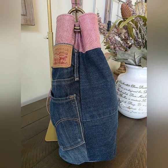 Vera Pelle Made In Italy Levi Strauss Jeans Boho Chic Bag With Pink Vegan Trim - Picture 6 of 11